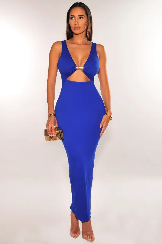 Comfortable Women's Clothing Flowy Fabric Royal Blue Gold Ring Sleeveless Cut Out Back Slit Dress