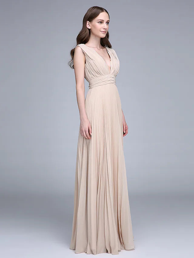 Women's Clothing For Outdoor Activities Minimalist Chic Bridesmaid Dress V Neck Sleeveless Elegant Floor Length Chiffon with Ruched    Draping