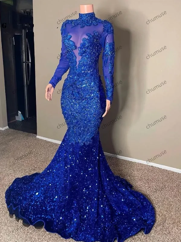 Women's Plus-Size Garments Hollywood Glam Award - Show Style Royal Blue Sequin Prom Dresses Long Sleeve Evening Dresses