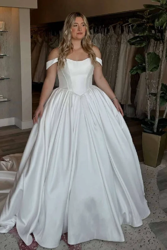 Women's Vacation Attire Vintage Elegance Off-Shoulder Scoop A-Line Pleated Satin Long Wedding Dress