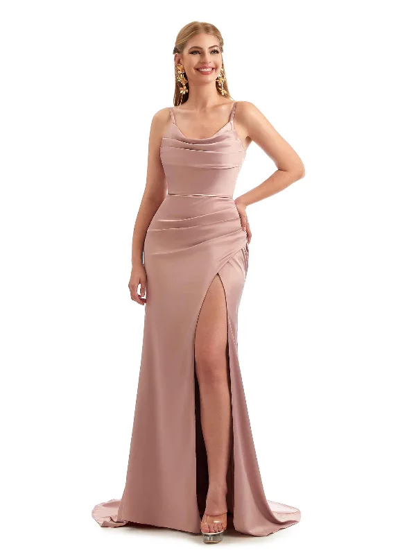 Fashionable Women's Clothing Classic Timeless Elegant Style Scoop Sexy Side Split Long Satin Boho Chic Stretchy Satin Bridesmaid Dresses Online