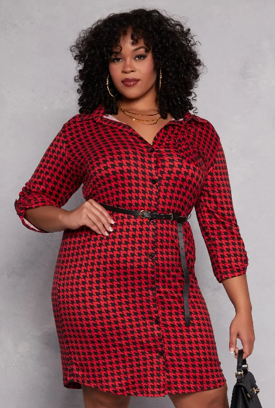 Elegant Women's Attire Limited - Edition Drops Plus Size Houndstooth Belted Shirt Dress