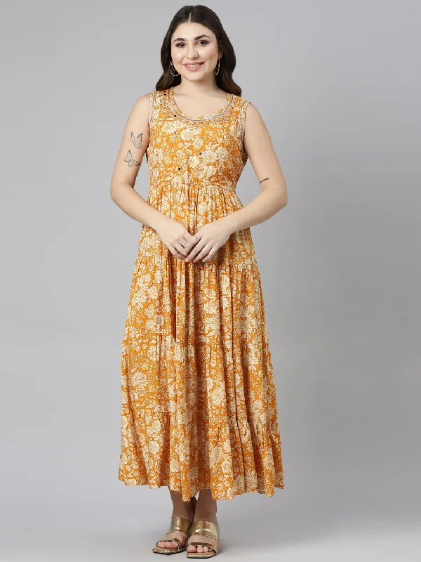 Elegant Women's Attire Everyday Glamour Neeru's Gold Straight Casual Printed Gown