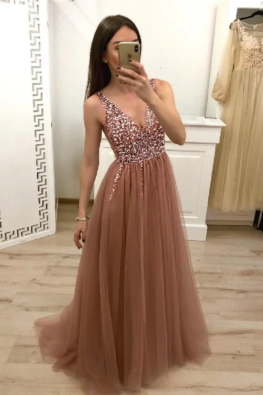 Women's Elegant Evening Outfit Limited - Stock A Line Tulle Beading Prom Dresses with Rhinestones  Sleeveless Long Prom Dresses N1584