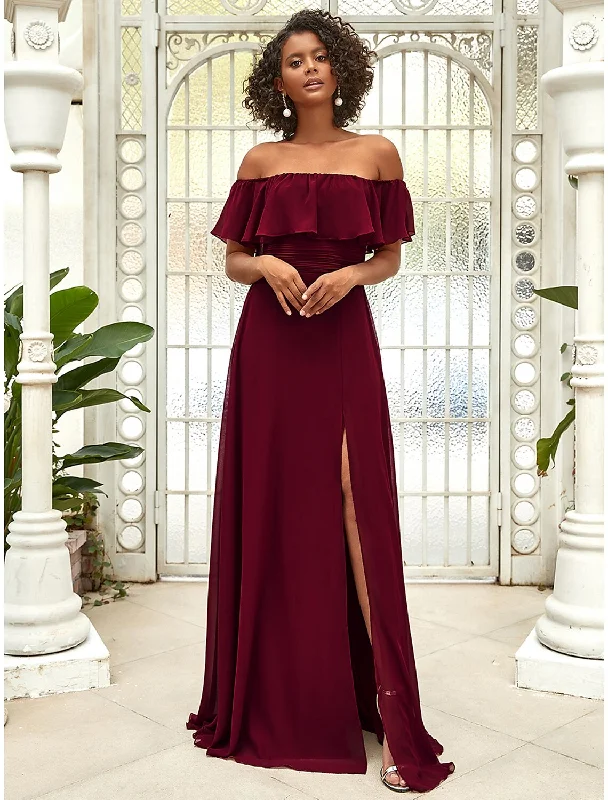 Fashion-Forward Women's Clothing Clearance Event A-Line Bridesmaid Dress Off Shoulder Sleeveless Elegant Floor Length Chiffon with Ruffles / Draping / Solid Color