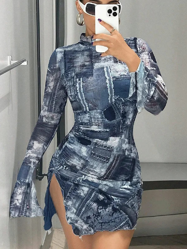 Women's Trendy Apparel Ethnic Cultural Event Wear High Neck High Slit Mini Bodycon Dress HB10115