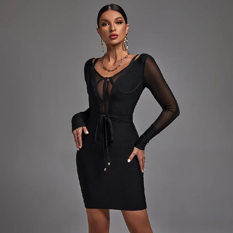 Women's Chic Apparel Beat the Heat in Tropical Styles V Neck Long Sleeve Midi Mesh Bandage Dress PF22030