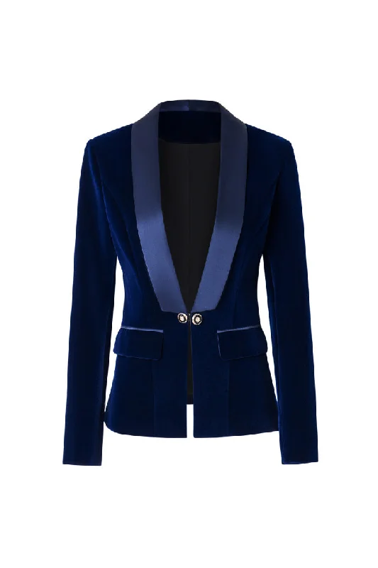 Women's Apparel And Garments Limited - Stock Silky Satin Shawl Collar Plunge Long Sleeve Cinched Waist Velvet Blazer