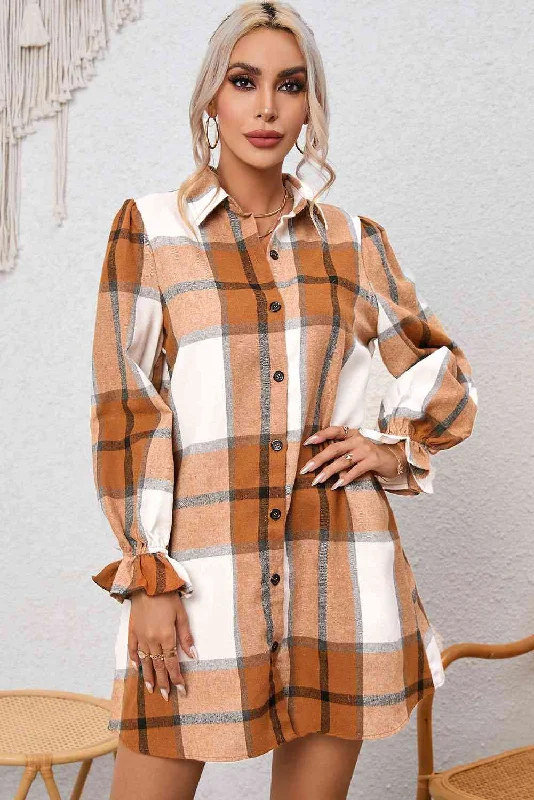 Women's Work Outfit Luxury Comfort Plaid Collared Neck Flounce Sleeve Shirt Dress