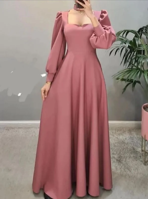 Luxury Women's Clothing End - of - Month Blowout A-Line Pink Square Neckline Prom Dress Long Sleeves With Floor-Length Evening Summer Elegant Party Dress For Women Y4947