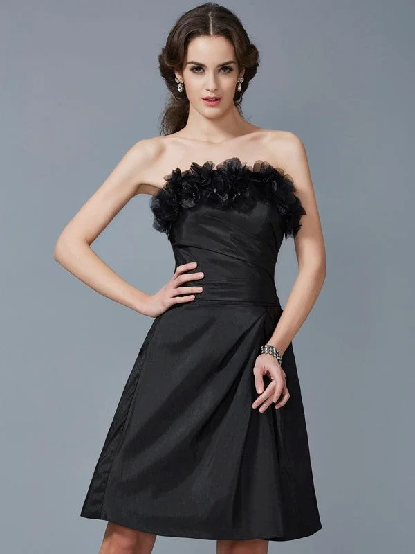 Women's Fashion Clothes Contemporary Elegance Sheath/Column Strapless Sleeveless Hand-Made Flower Short Taffeta Bridesmaid Dresses