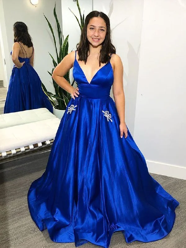 Women's High-Fashion Attire Alluring Design V Neck Royal Blue Satin Long Prom Dresses with Pocket, Royal Blue Formal Evening Dresses   cg22414