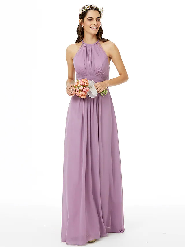 Women's Sporty Clothes Father's Day Deals Bridesmaid Dress Jewel Neck Sleeveless Beautiful Back Floor Length Chiffon with Lace  Sash  Ribbon  Pleats