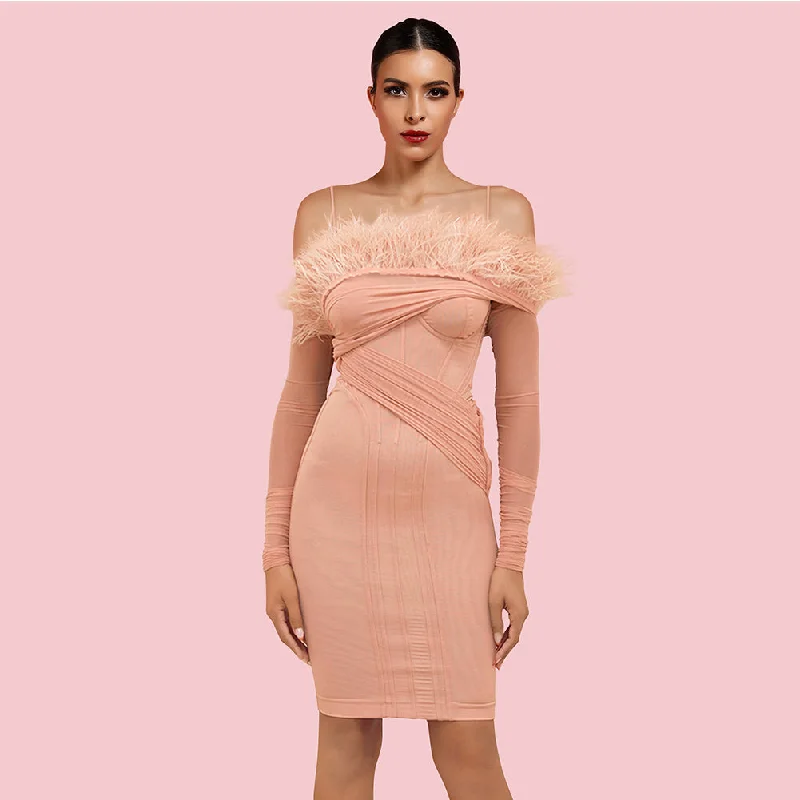 Women's Holiday Clothes Lightweight Fabric Strappy Long Sleeve Striped Midi Bandage Dress HL9020