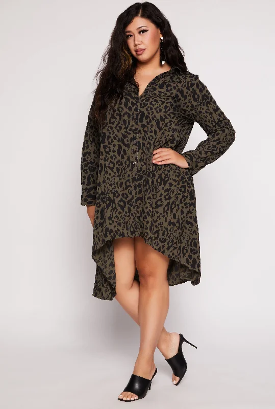 Women's Stylish Outdoor Outfit Big Savings on Minimalist Office Styles Plus Size Animal Print Button Front Shirt Dress