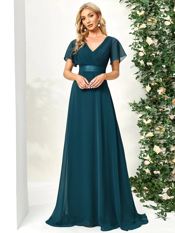 Women's Everyday Apparel Feminine Soft - Hued Styles High Waist Maxi Chiffon Bridesmaid Dress with Short Sleeves