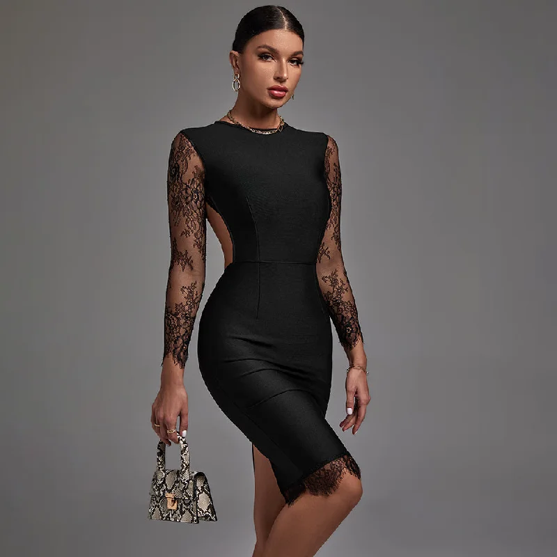 Stylish Outerwear Clothes For Women Y2K Nostalgic Fashion Look Black Round Neck Long Sleeve Lace Backless Bandage Dress HL8228