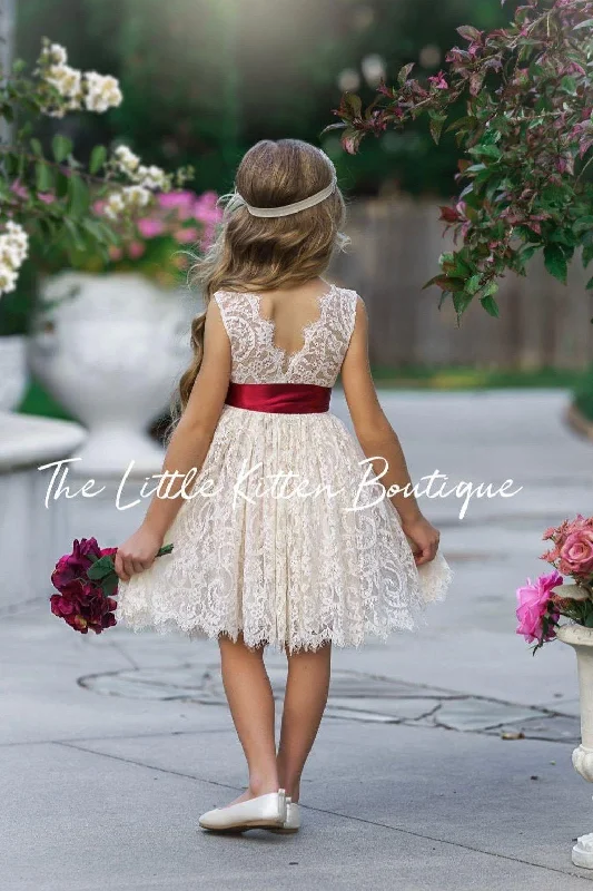 Women's Evening Outfit Today Only Antique Ivory and Off White Sleeveless Knee Length Lace Flower Girl Dresses