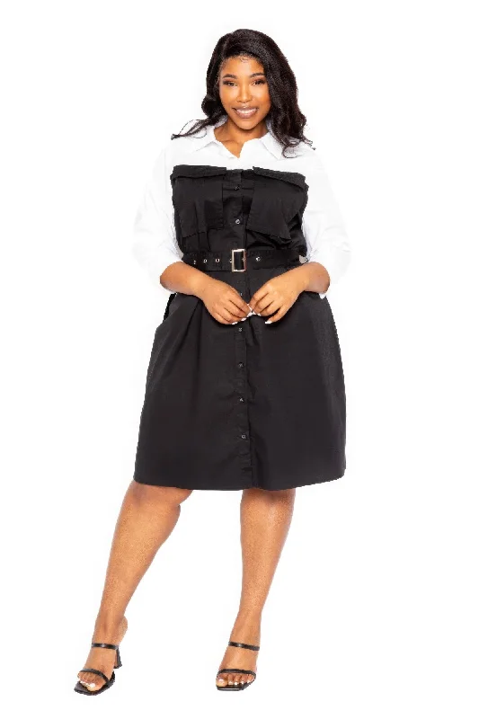 Women's Relaxed Outfit Lightweight Fabric Contrast Shirt Dress With Pockets