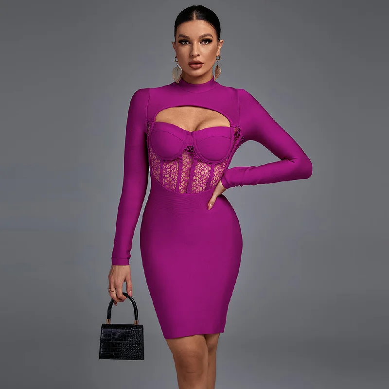 Women's Loungewear Clothes Graceful Movement High Neck Long Sleeve Cut Out Midi Bandage Dress PF20011