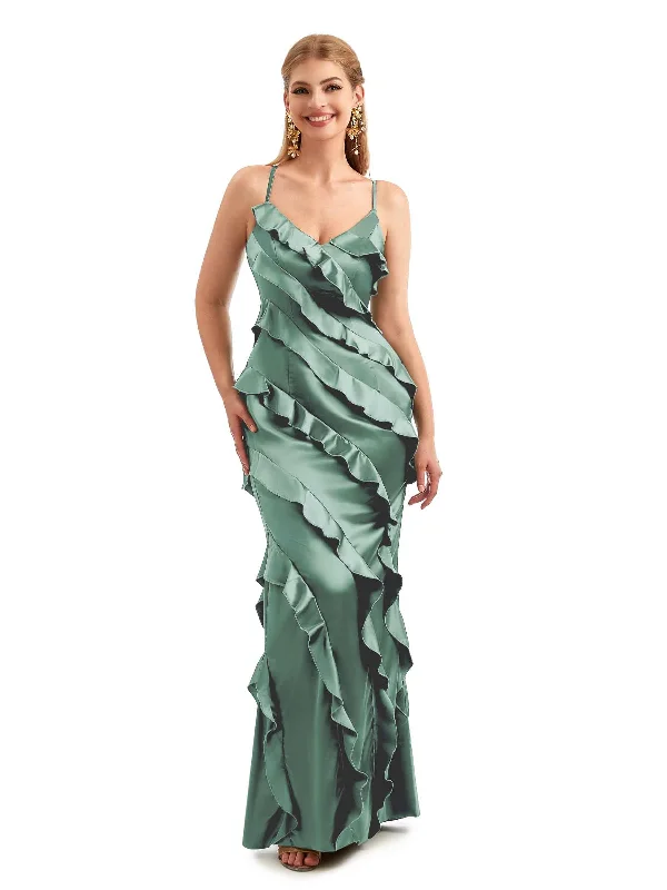 Women's Tops And Clothing Save on Classic Elegant Styles Women Spaghetti Straps Long Satin Ruffles Unique Formal Bridesmaid Dresses Online