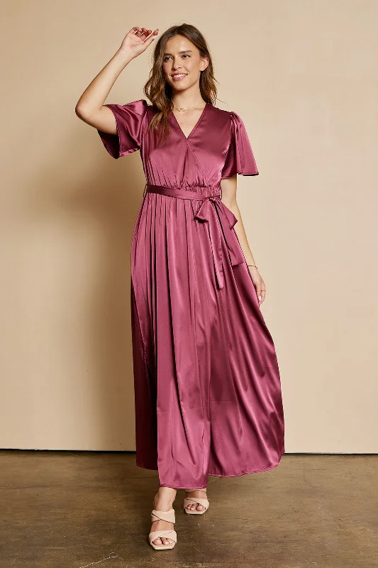 Women's Casual Apparel Update with Cottagecore Styles The Shawn Dull Satin Maxi Dress in Wine FINAL SALE