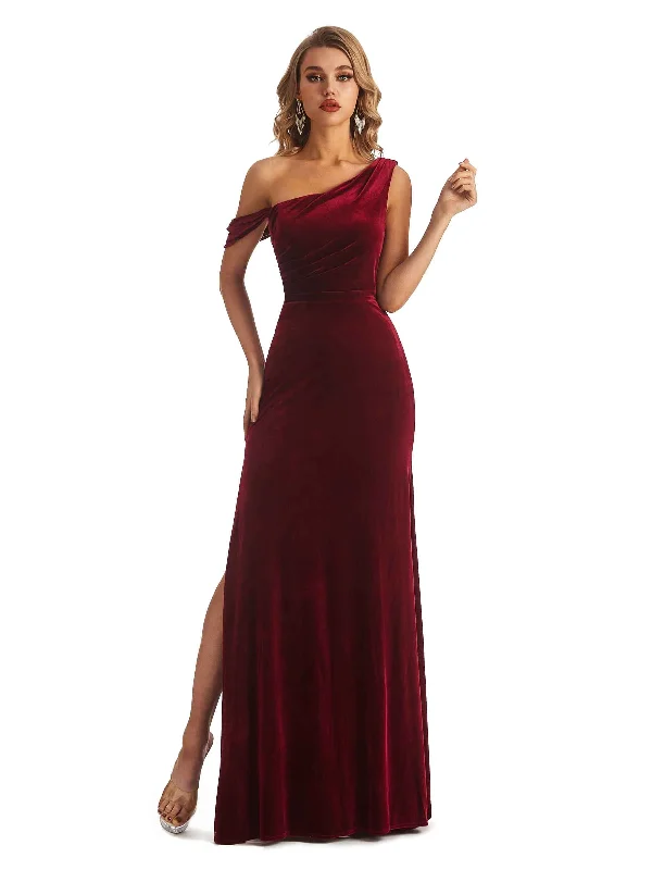 Women's Clothes For Work Events Vibrant Prints Elegant Mermaid Asymmetrical Side Slit Velvet Long Bridesmaid Dresses