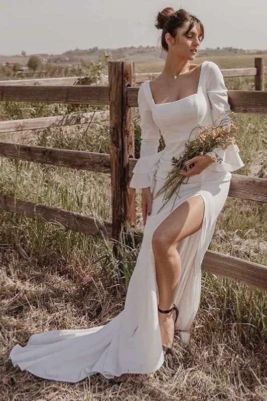 Women's Clothing Apparel Holiday Sale White Square Neck Long Sleeve Long Wedding Dress with Slit