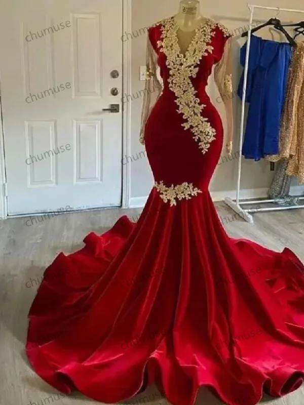 Women's Apparel And Garments Coastal Beach - Inspired Style Elegant Red Mermaid Prom Dress With Gold Appliques Long Sleeves Women Party Clothing