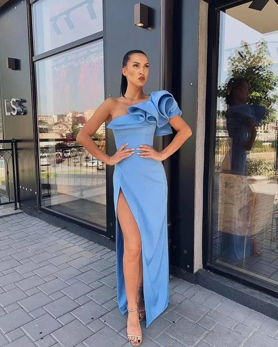 Women's Outfit For The Office Parisian Effortless Chic Style Sheath One Shoulder Blue Satin Ruffled Shoulder Slit Evening Dresses, Prom Party Dresses        cg23691