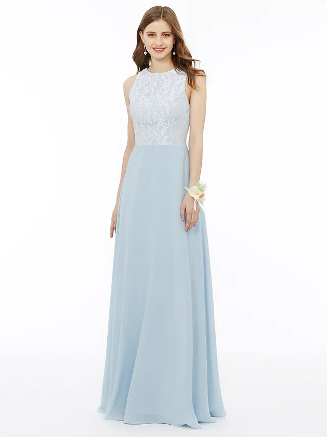 Women's Clothes For Special Occasions Feminine Charm A-Line Bridesmaid Dress Jewel Neck Sleeveless Floor Length Chiffon   Metallic Lace with Pleats  Draping  Appliques