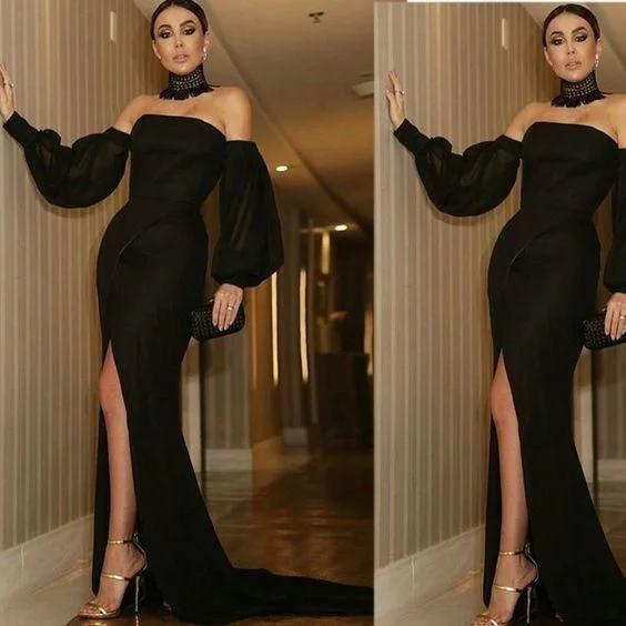 Women's Holiday Clothing Great Prices on Feminine Styles Black Evening Dress, Long Sleeve Prom Dress, Mermaid Evening Dress Y92