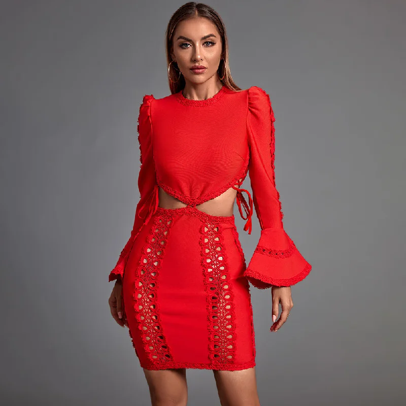 Fashionable Women's Casual Apparel Everyday Glamour Round Neck Long Sleeve Cut Out Mini Bandage Dress PP21108