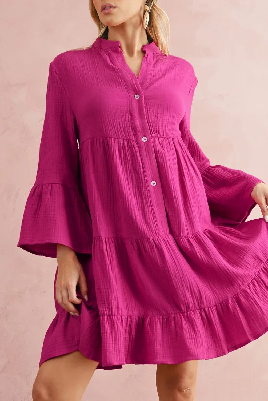 Women's Casual Outfit Graceful Drape Rose Crinkled Tiered Split Neck Shirt Dress