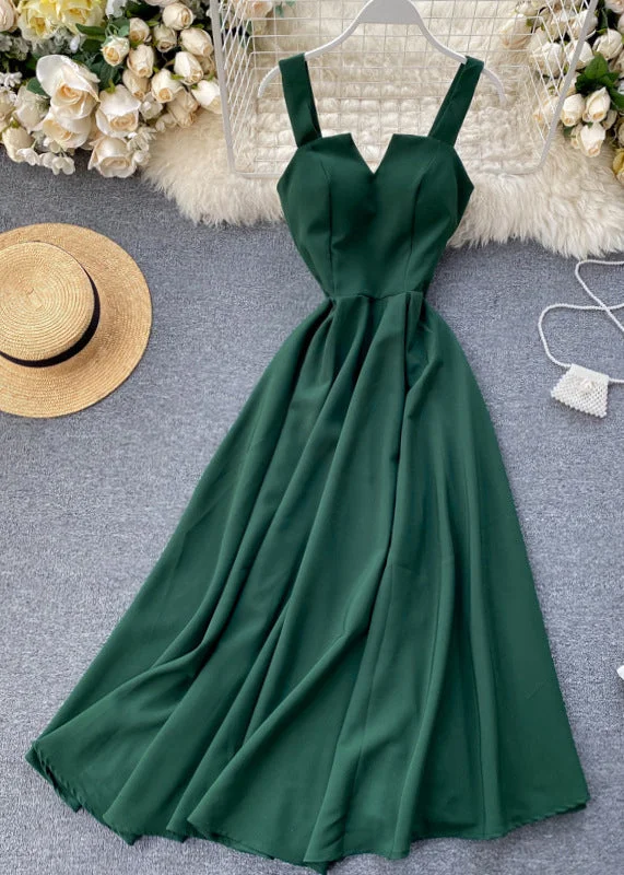 Women's Date Night Outfit Final Clearance Slim Fit Green Cold Shoulder Solid Cotton Spaghetti Strap Dress Sleeveless