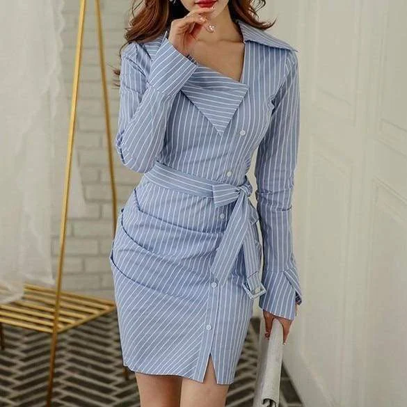 Fashionable Women's Clothes Dreamy Draping FashionSierra - Lady Elegant Striped Short Dress Long Sleeve Pencil Dress