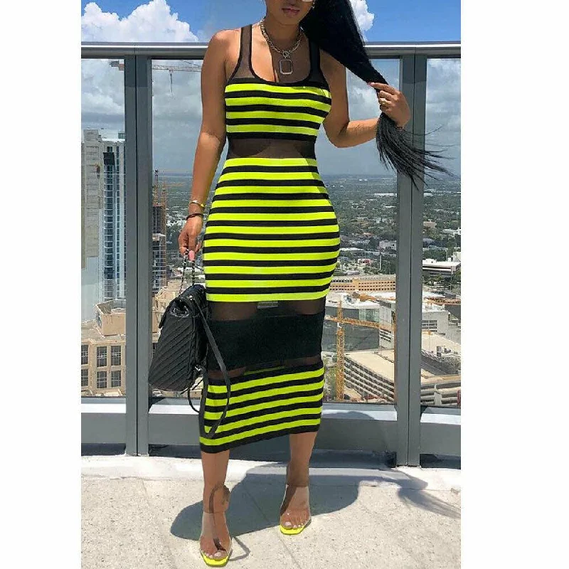 Women's Vacation Outfit Set Art Deco Geometric Pattern Look FashionSierra - Women Striped Sleeveless Bandage Bodycon Dress Summer Beach Ladies Casual  Holiday Party Slim Dress Sundress