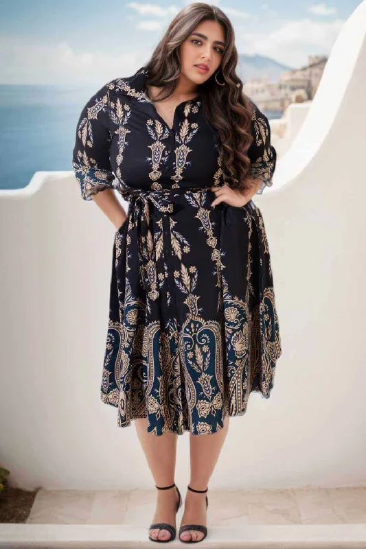 Comfortable Women's Attire Mid - Season Sale Plus Size Black Printed Crepe Shirt Dress