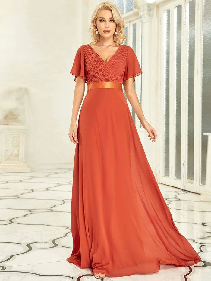 Women's Clothes And Apparel Sets Big Savings on Rustic Countryside Styles Empire Waist Floor Length Bridesmaid Dress with Short Flutter Sleeves