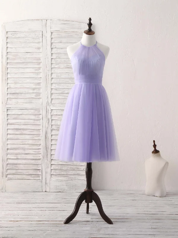 Women's Weekend Outfit Alluring Design Cute A-Line Purple Tulle Short Halterneck Bridesmaid Dress Simple Purple Homecoming Dress