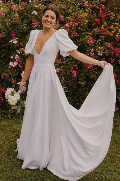 Luxury Women's Clothes Disco - Inspired Retro Dance Look White Puff Sleeves Plunge Neck Long Wedding Dress