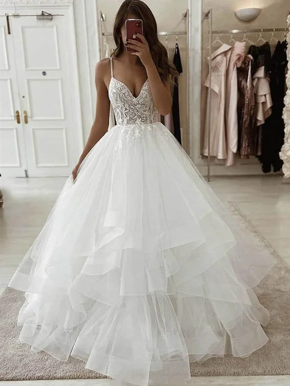 Women's Travel Attire Seasonal Trend Spaghetti Long A-line Tulle Wedding Dresses, Lace Wedding Dresses, Popular Bridal Gown, 2020 Wedding Dresses