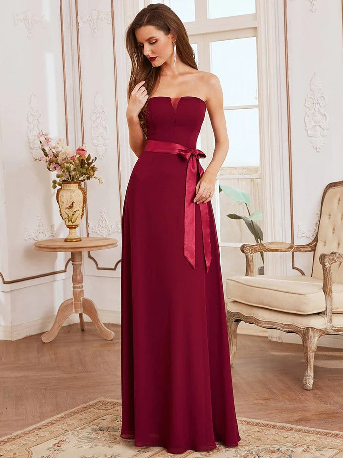 Women's Evening Apparel Parisian Effortless Chic Style Romantic Strapless Floor Length Waistband Bridesmaid Dress