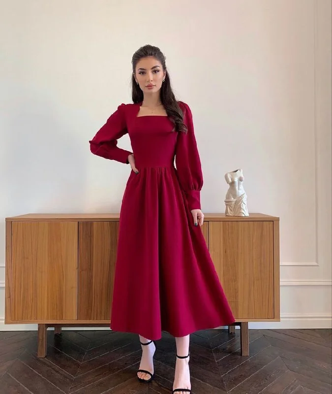 Women's Clothing For Casual Outings Holiday Sale Modest A-line Prom Dress With Long Sleeves,Winter Dance Dress Y4864