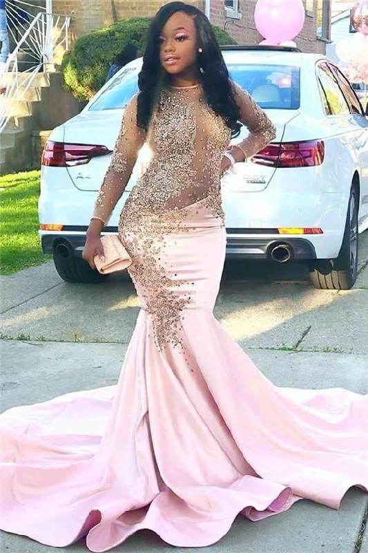 Women's Vacation Outfit Vintage Retro Party Wear Sexy Mermaid Prom Dresses Long Sleeves Pink Satin Scoop See Through             cg23629