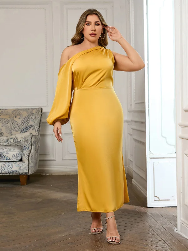 Women's Clothes And Garments Romantic Detailing One Shoulder Long Sleeve Plain Maxi Bodycon Dress HB100380