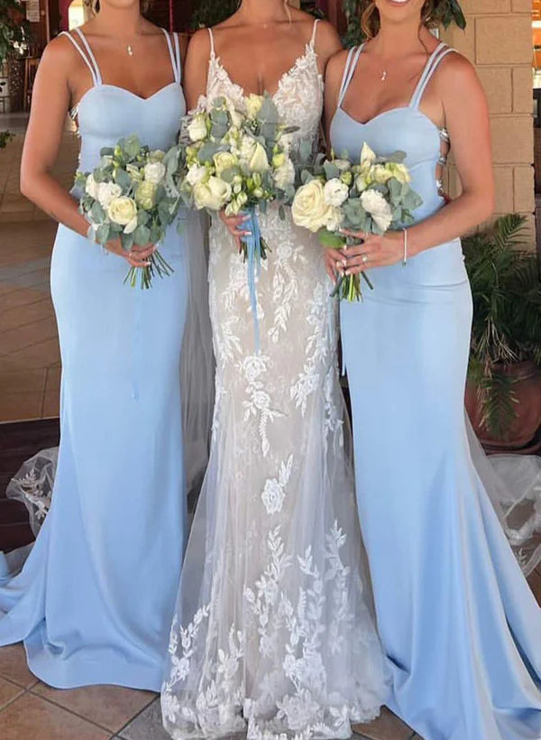 Vintage-Inspired Garments Everyday Glamour Sheath/Column Spaghetti Straps Floor-Length Long Bridesmaid Dresses Sweep/Brush Train Dresses