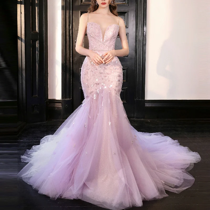 Women's Casual Attire Now on Sale for Chic Urban Styles Pink Trumpet Evening Dress Party Gown with Spaghetti Strap