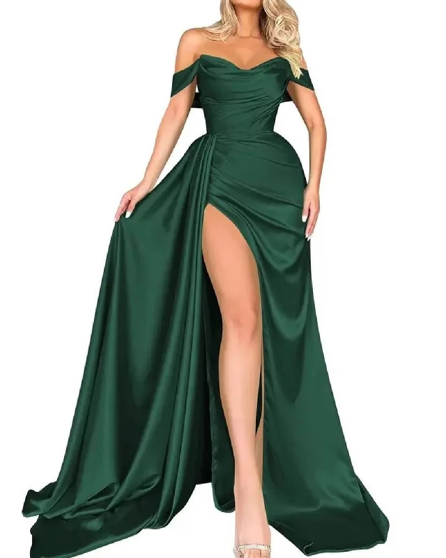 Women's Holiday Clothes Parisian Effortless Chic Style Women Satin Prom Dresses Long Side Slit Evening Party Dress YPD243