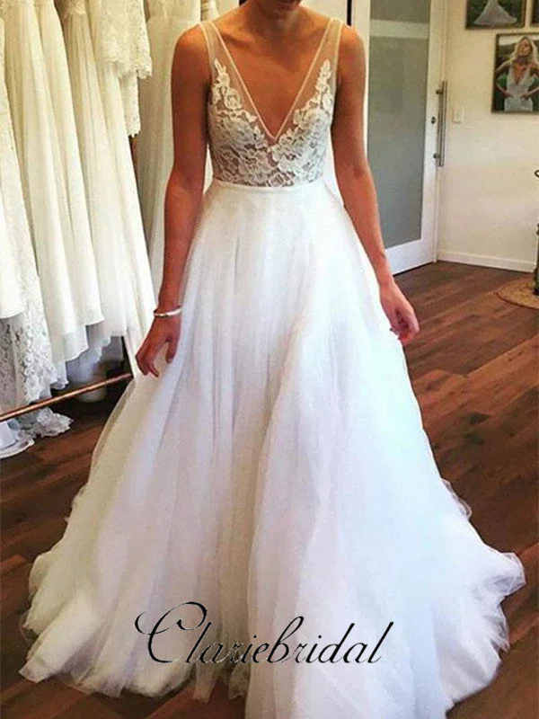 Chic Women's Attire Holiday Sale V-neck Lace Top A-line Tulle Wedding Dresses, Bridal Gown